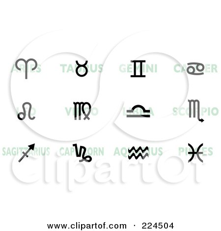 Royalty-Free (RF) Clipart Illustration of a Digital Collage Of Black Horoscope Signs Over Green Words by michaeltravers