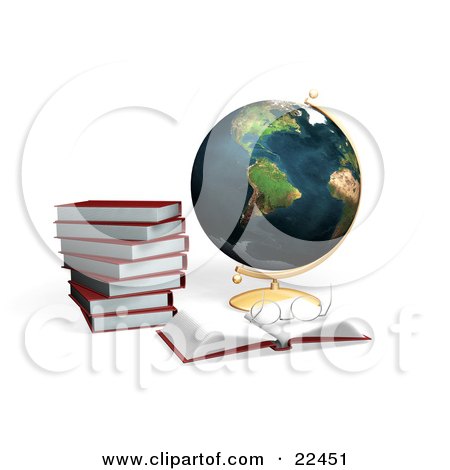 Clipart Illustration of a Stack Of Red School Books And A Pair Of Glasses Resting On An Open Book In Front Of A Globe by KJ Pargeter