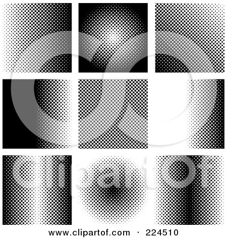 Royalty-Free (RF) Clipart Illustration of a Digital Collage Of Nine Black Halftone Backgrounds by michaeltravers