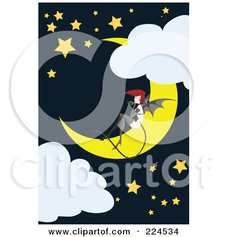 Royalty-Free (RF) Clipart Illustration of a Bat Woman Sitting On A Crescent Moon by mayawizard101