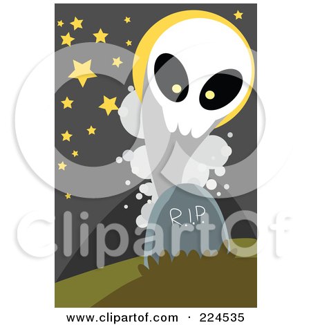 Royalty-Free (RF) Clipart Illustration of a Ghost Emerging From A Tombstone by mayawizard101
