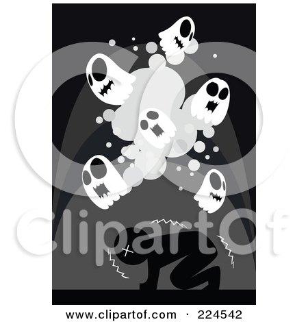 Royalty-Free (RF) Clipart Illustration of a Scared Man Shaking Under Skull Ghosts by mayawizard101