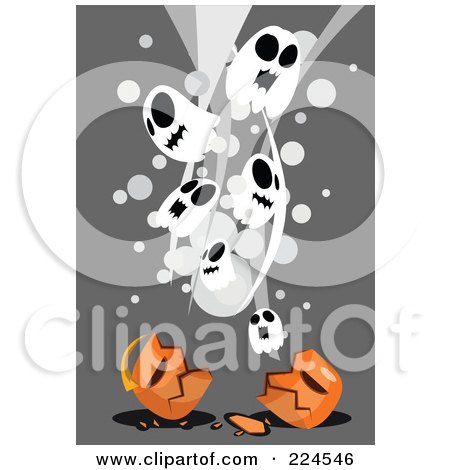 Royalty-Free (RF) Clipart Illustration of Ghosts Over A Broken Pumpkin by mayawizard101