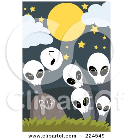 Royalty-Free (RF) Clipart Illustration of a Skull Ghost Singing To Others By A Tombstone by mayawizard101