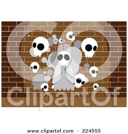 Royalty-Free (RF) Clipart Illustration of a Hanging Skull Ghost And Other Skulls Against A Brick Wall by mayawizard101