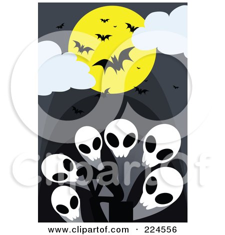 Royalty-Free (RF) Clipart Illustration of Vampire Bats And A Full Moon Over Skull Ghosts by mayawizard101