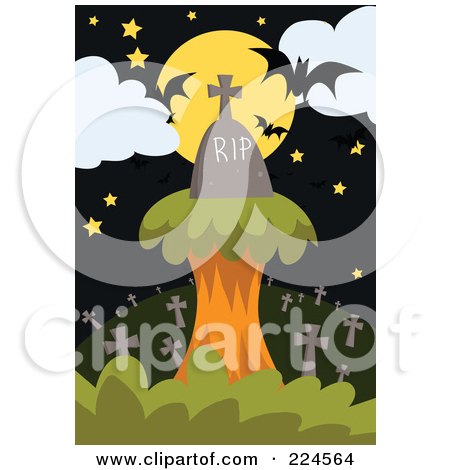 Royalty-Free (RF) Clipart Illustration of a Headstone On A Tree Against A Full Moon Above A Cemetery by mayawizard101