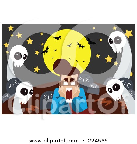 Royalty-Free (RF) Clipart Illustration of a Full Moon And Bats Over A Scared Man With Ghosts In A Cemetery by mayawizard101