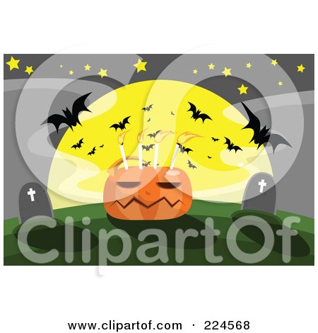 Royalty-Free (RF) Clipart Illustration of Bats Flying Over A Jackolantern With Candles In A Cemetery by mayawizard101