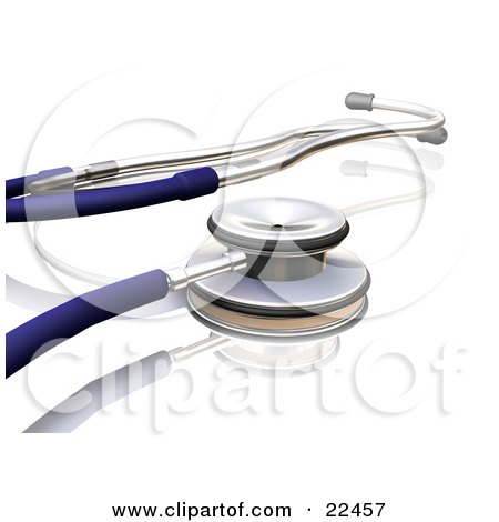 Clipart Illustration of a Blue And Silver Vet Or Doc Stethoscope On A White Reflective Counter by KJ Pargeter
