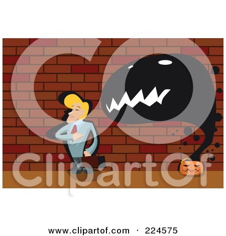 Royalty-Free (RF) Clipart Illustration of a Ghost Emerging From A Pumpkin Behind A Businessman by mayawizard101