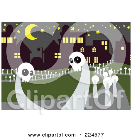 Royalty-Free (RF) Clipart Illustration of Skull Ghosts In A Cemetery by mayawizard101
