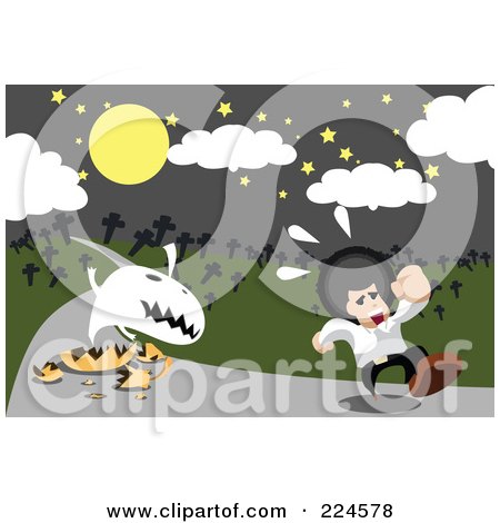 Royalty-Free (RF) Clipart Illustration of a Ghost Emerging From A Pumpkin And Chasing A Man In A Cemetery by mayawizard101
