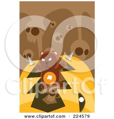 Royalty-Free (RF) Clipart Illustration of a Teddy Bear With Knives, Breaking Out Of A Pumpkin's Mouth Under Skulls by mayawizard101