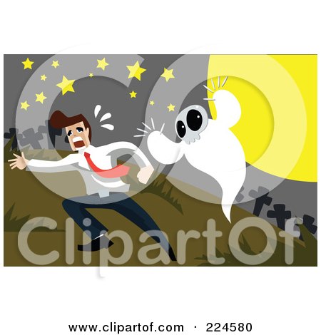Royalty-Free (RF) Clipart Illustration of a Spooky Ghost Chasing A Man In A Cemetery by mayawizard101