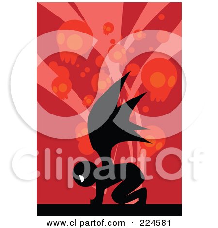 Royalty-Free (RF) Clipart Illustration of a Silhouetted Demon Over Red With Skulls by mayawizard101