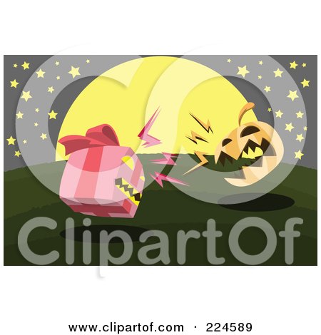 Royalty-Free (RF) Clipart Illustration of a Gift And Jackolantern Fighting On A Hill by mayawizard101