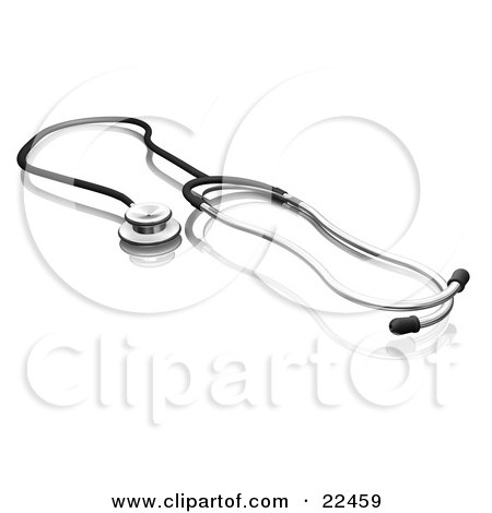 Clipart Illustration of a Chrome And Blue Doctor Or Veterinarian Stethoscope Resting On A Reflective White Surface by KJ Pargeter
