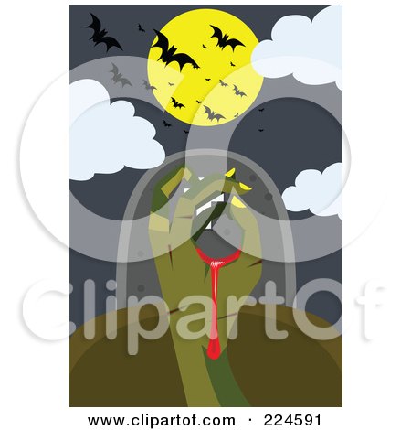Royalty-Free (RF) Clipart Illustration of a Bloody Zombie Hand Under Bats And A Full Moon by mayawizard101