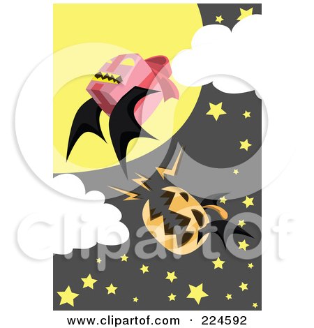 Royalty-Free (RF) Clipart Illustration of a Flying Jackolantern Chasing A Present Bat by mayawizard101