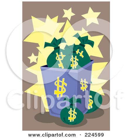 Royalty-Free (RF) Clipart Illustration of a Bin Full Of Money Bags Over Brown With Stars by mayawizard101