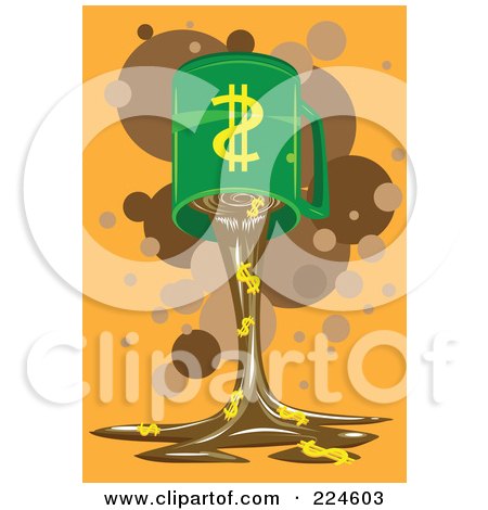 Royalty-Free (RF) Clipart Illustration of a Dollar Coffee Cup Draining Upside Down by mayawizard101