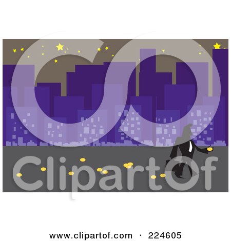 Royalty-Free (RF) Clipart Illustration of a Businessman Leaving A Trail Of Coins By A City by mayawizard101