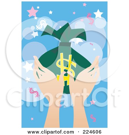Royalty-Free (RF) Clipart Illustration of a Woman's Hands Holding A Money Bag Over Blue With Dollar Symbols And Stars by mayawizard101