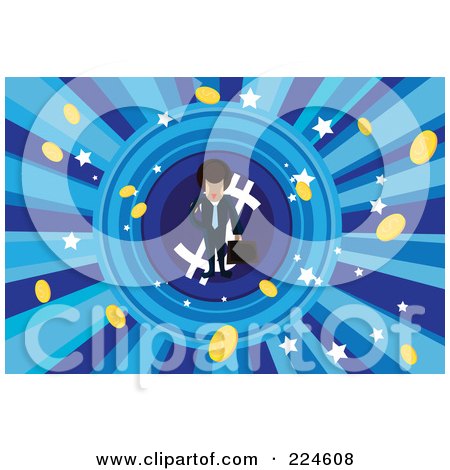 Royalty-Free (RF) Clipart Illustration of a Businessman Standing On A Dollar Symbol Around Coins And Stars by mayawizard101