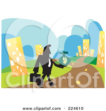 Royalty-Free (RF) Clipart Illustration of a Businessman Walking Down An Urban Path With A Money Bag by mayawizard101