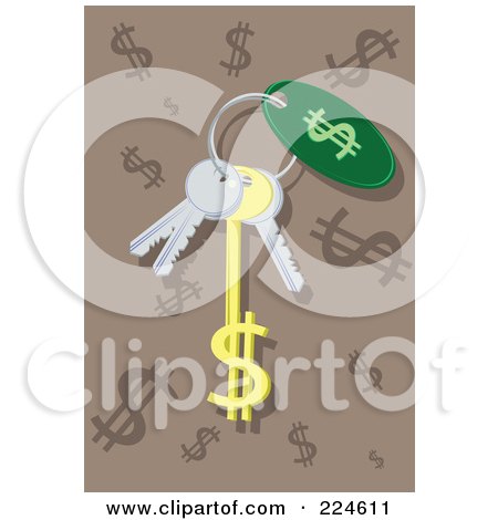 Royalty-Free (RF) Clipart Illustration of a Dollar Keychaine With A Golden Dollar Key On A Ring by mayawizard101