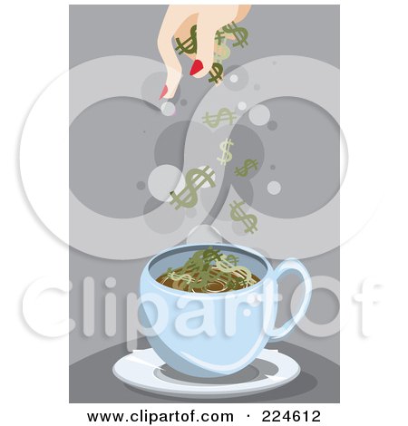 Royalty-Free (RF) Clipart Illustration of a Woman Dropping Dollar Symbols Into A Cup by mayawizard101