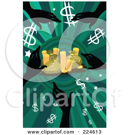 Royalty-Free (RF) Clipart Illustration of Silhouetted Hands Reaching For Dollar Symbols, Money Bags And Coins On Green by mayawizard101