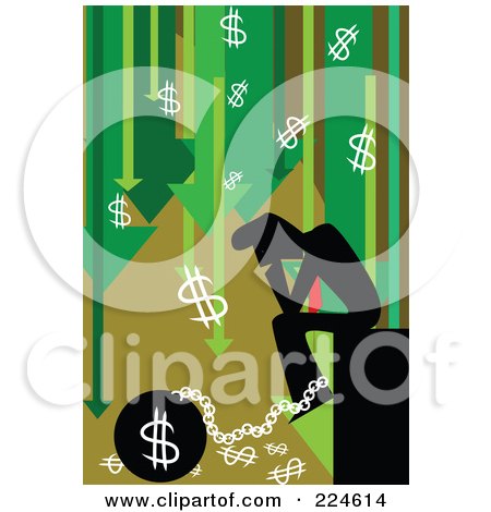 Royalty-Free (RF) Clipart Illustration of a Businessman Chained To A Ball Under Dollar Symbols And Arrows by mayawizard101