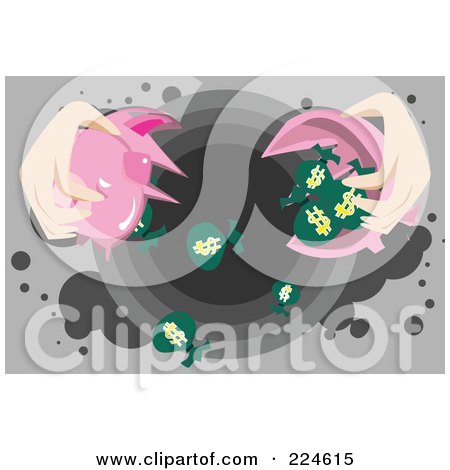 Royalty-Free (RF) Clipart Illustration of a Woman's Hands Breaking A Piggy Bank And Dumping Money Bags Down A Drain by mayawizard101