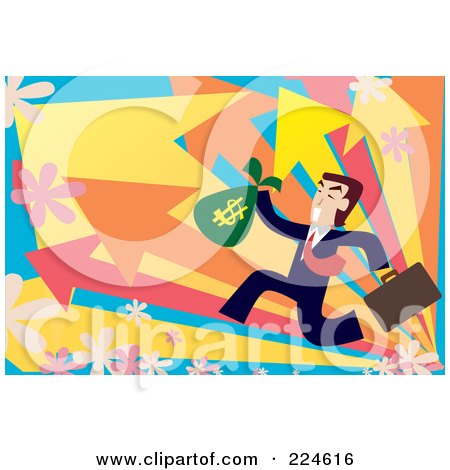 Royalty-Free (RF) Clipart Illustration of a Businessman Running With A Money Bag Over Arrows And Flowers by mayawizard101