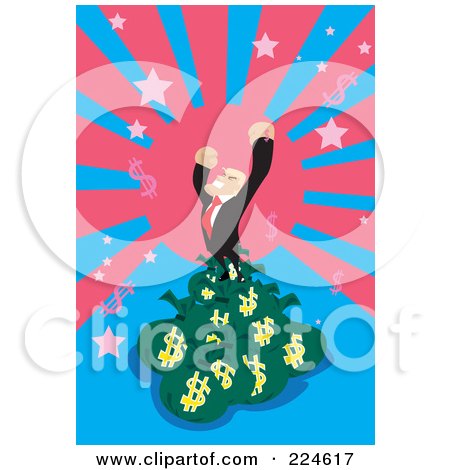 Royalty-Free (RF) Clipart Illustration of a Wealthy Businessman Celebrating On A Stack Of Money Bags by mayawizard101