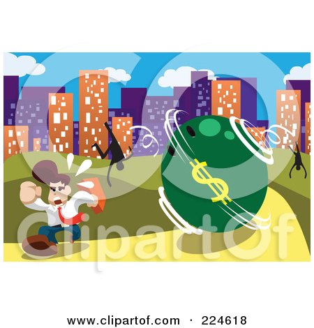 Royalty-Free (RF) Clipart Illustration of a Businessman Running Away From A Fast Dollar Bowling Ball by mayawizard101