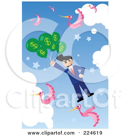 Royalty-Free (RF) Clipart Illustration of a Businessman Floating In The Sky With Pink Birds And Dollar Balloons by mayawizard101