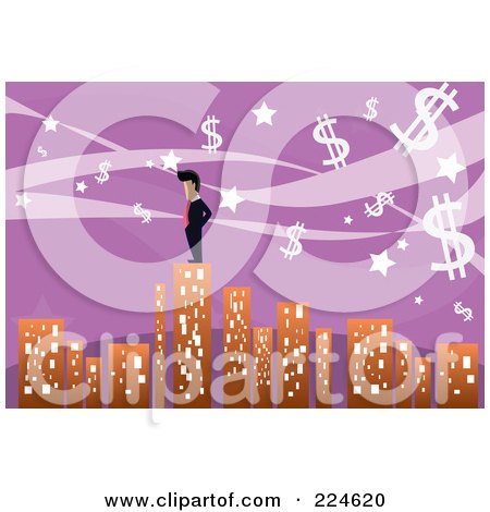Royalty-Free (RF) Clipart Illustration of a Businessman Standing On The Tallest City Skyscraper Against A Purple Dollar Sky by mayawizard101