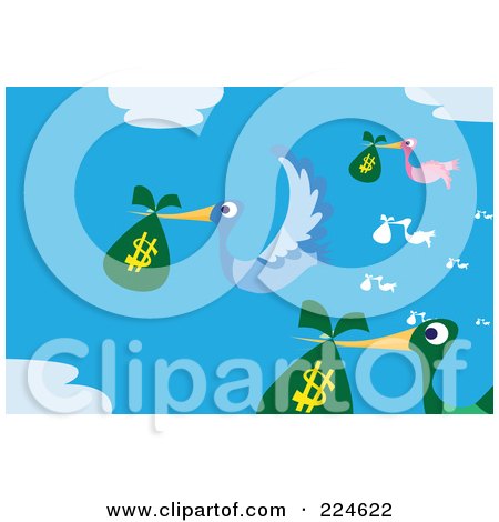 Royalty-Free (RF) Clipart Illustration of a Group Of Birds Flying With Money Bags by mayawizard101