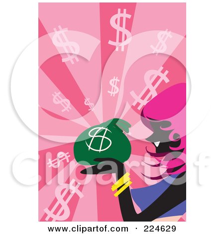 Royalty-Free (RF) Clipart Illustration of a Silhouetted Woman Smiling And Holding A Money Bag Over Pink Dollar Rays by mayawizard101