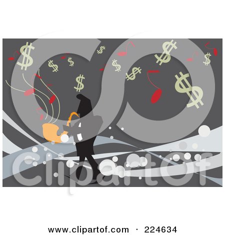 Royalty-Free (RF) Clipart Illustration of a Businessman Playing A Sax Under Dollar Symbols by mayawizard101