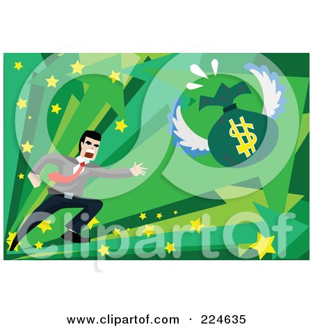 Royalty-Free (RF) Clipart Illustration of a Businessman Chasing A Flying Money Bag by mayawizard101