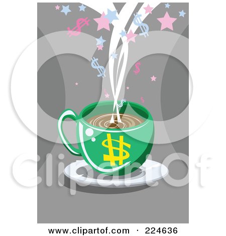 Royalty-Free (RF) Clipart Illustration of a Green Dollar Coffee Cup On A Saucer by mayawizard101