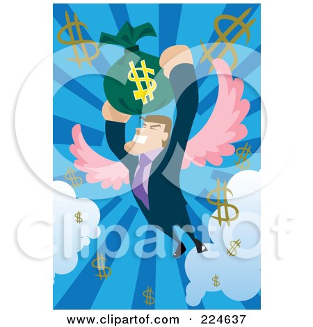 Royalty-Free (RF) Clipart Illustration of a Businessman With Wings, Flying And Holding Onto A Money Bag by mayawizard101