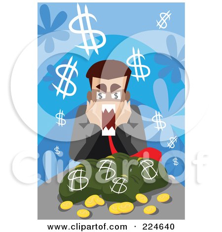 Royalty-Free (RF) Clipart Illustration of a Businessman Screaming Over Money Bags by mayawizard101