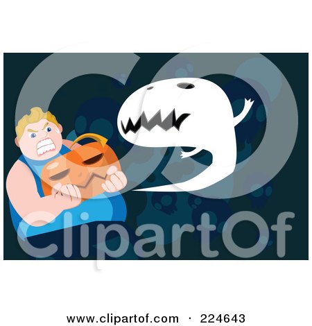 Royalty-Free (RF) Clipart Illustration of an Angry Fat Man Carrying A Pumpkin By A Ghost by mayawizard101