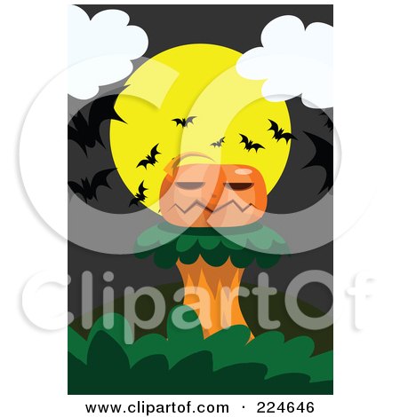 Royalty-Free (RF) Clipart Illustration of a Jackolantern On A Tree Against A Full Moon With Bats by mayawizard101