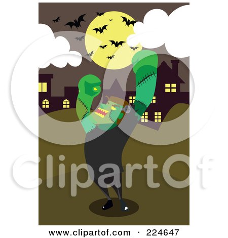 Royalty-Free (RF) Clipart Illustration of Frankenstein By A Village Under Bats by mayawizard101